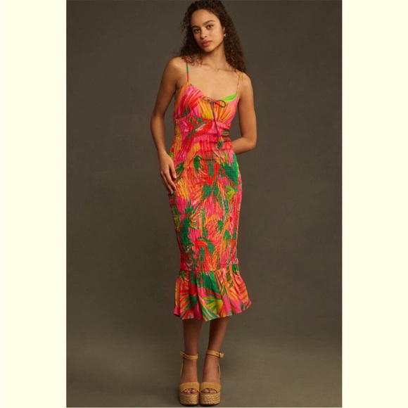 FarmRioPink Floral Ruched Midi Dresss